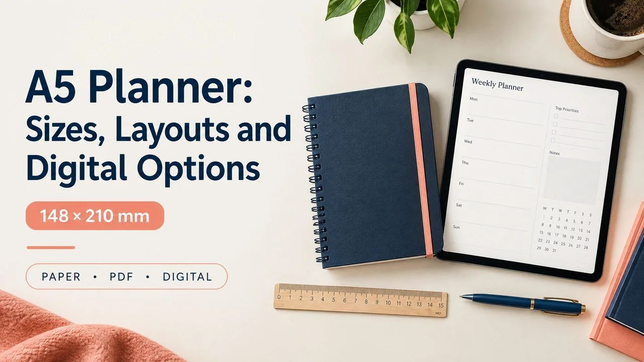 Open A5 planner showing a weekly layout beside a tablet with a digital planner page