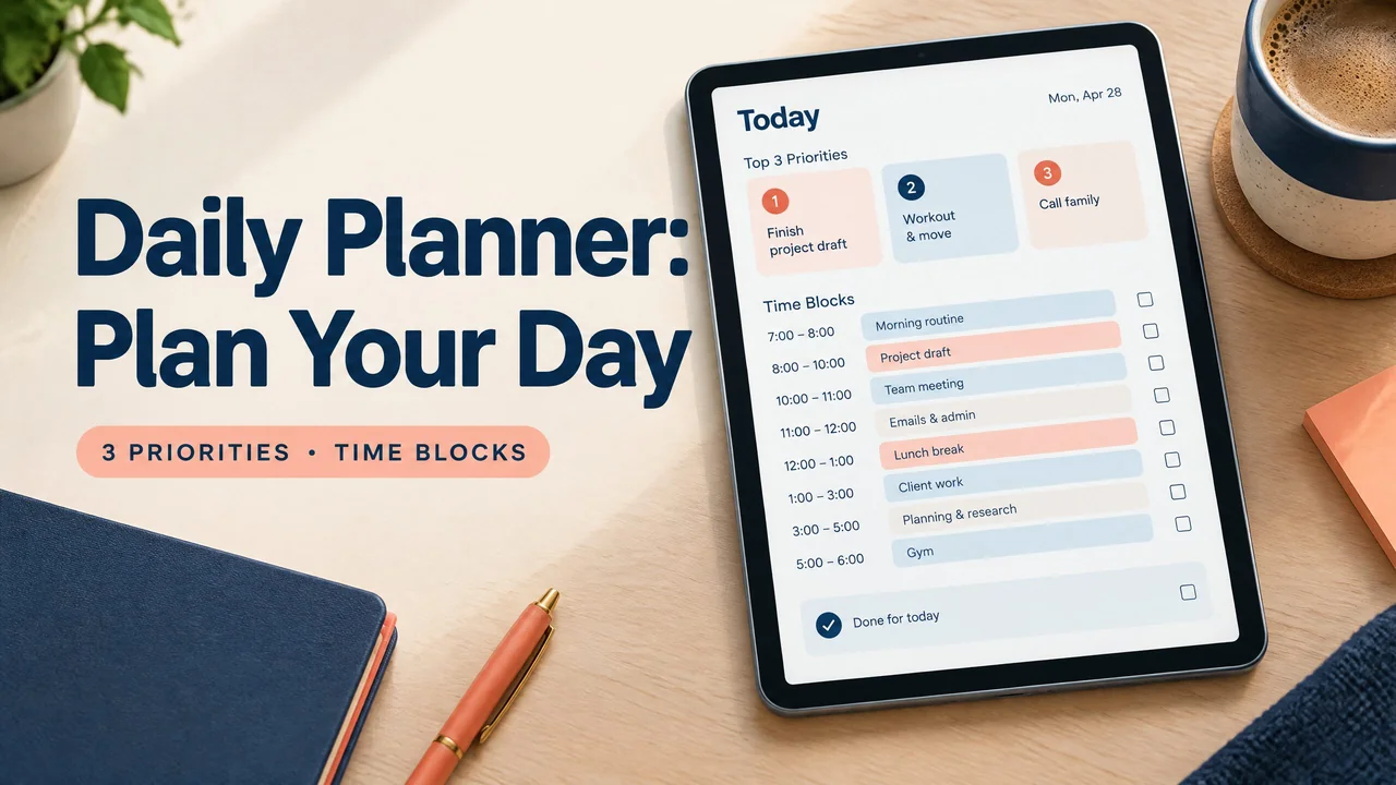 Open daily planner with three priorities, fixed appointments, time blocks, and an end-of-day review