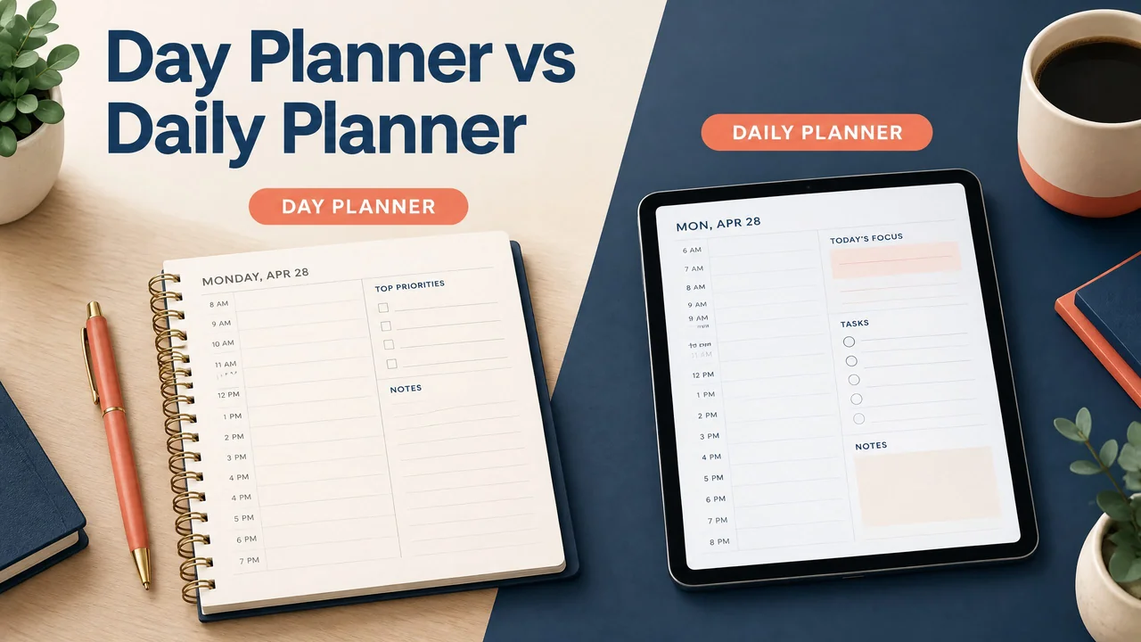 Open day planner beside a calendar with hourly schedule blocks and a digital tablet planner
