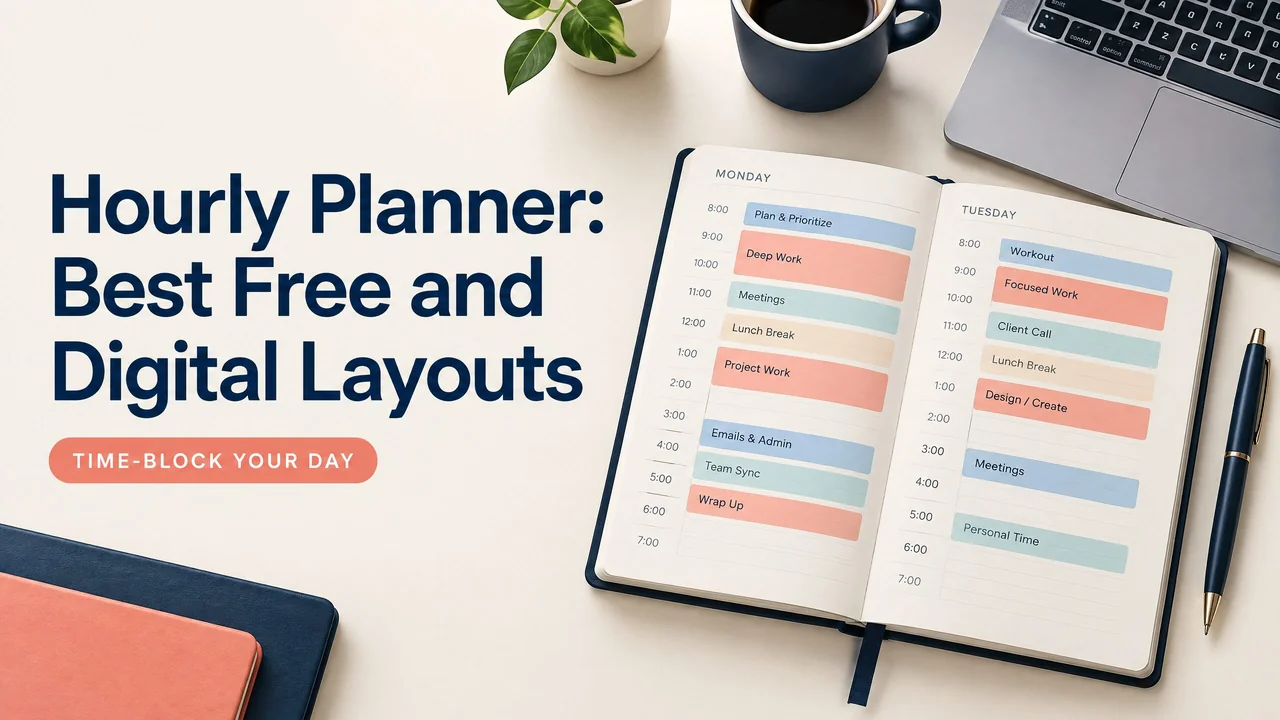 Open hourly planner showing time blocks, priorities, and buffer space on a desk