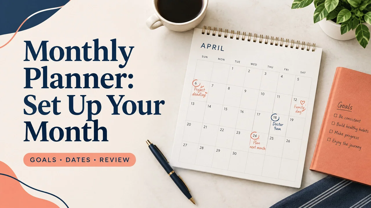 Open monthly planner with commitments, goals, project milestones, and review notes arranged across one calendar spread.