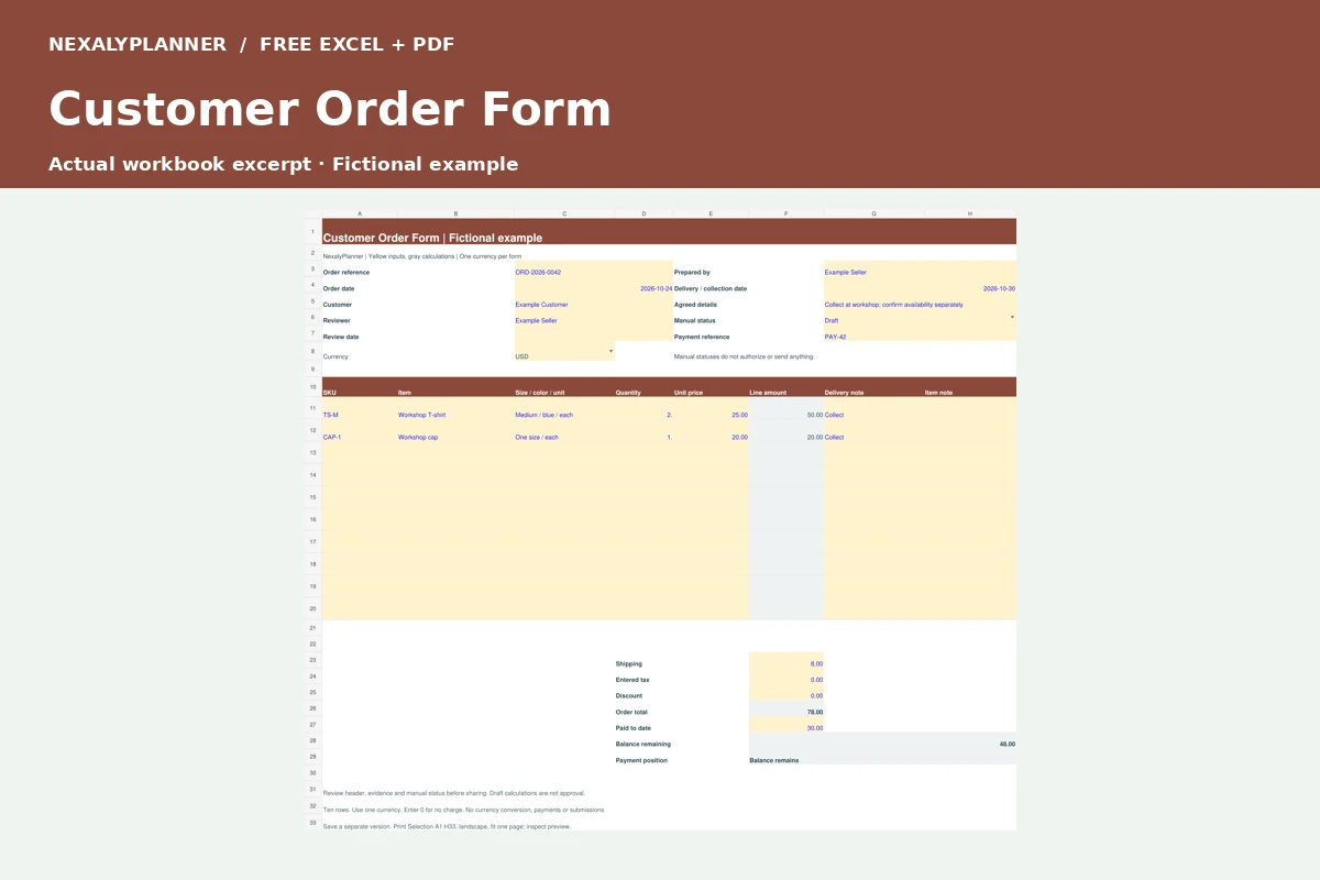 Actual customer order form workbook excerpt with fictional example amounts
