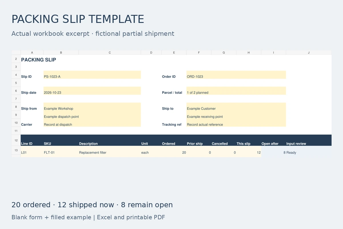 Actual packing slip workbook excerpt showing 20 filters ordered, 12 in this shipment and eight open