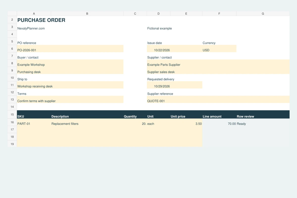 Actual purchase order Excel template excerpt with fictional buyer and supplier details