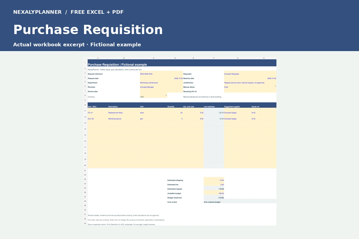 Actual purchase requisition workbook excerpt with fictional example amounts