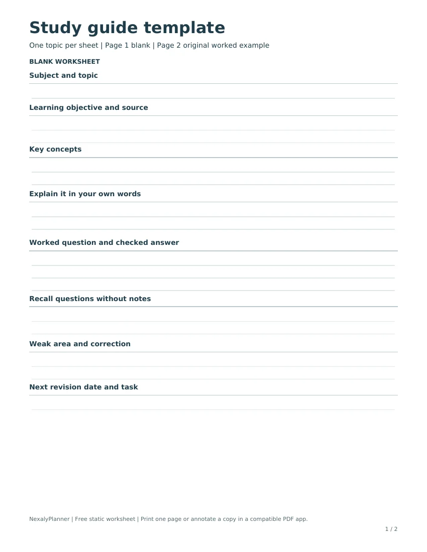 Actual blank study guide worksheet with learning objective, explanation, worked question, recall prompts and revision fields