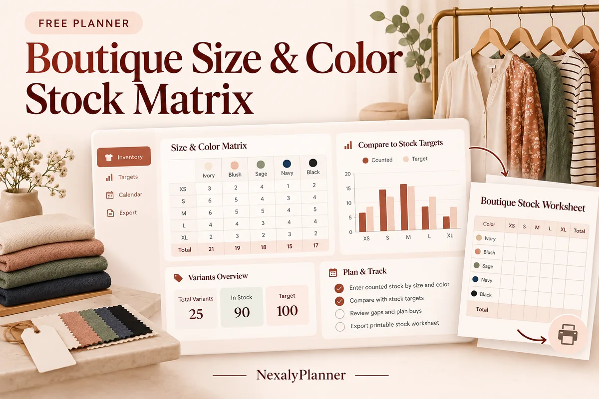 Boutique Size & Color Stock Matrix illustrated planning cover