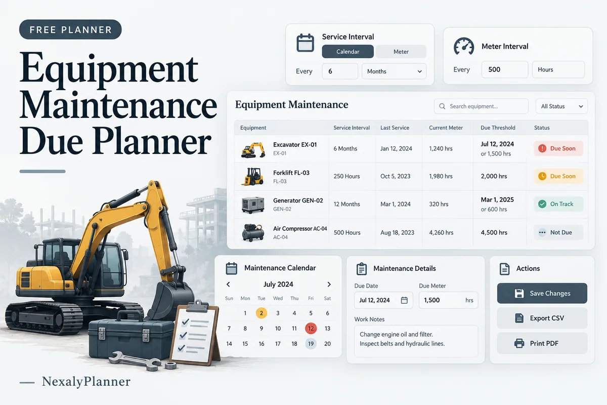 Equipment Maintenance Due Planner illustrated planning cover