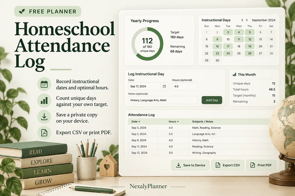 Homeschool Attendance Log illustrated planning cover