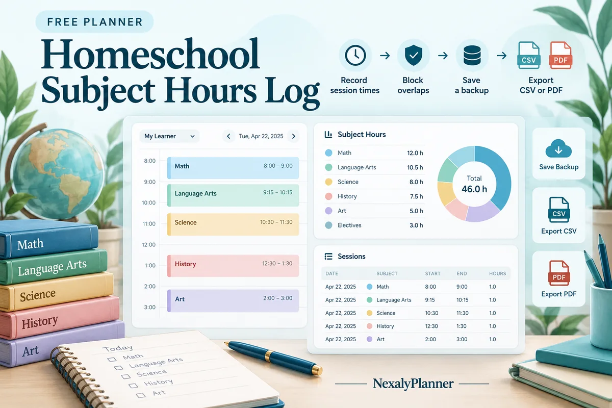 Homeschool Subject Hours Log illustrated planning cover