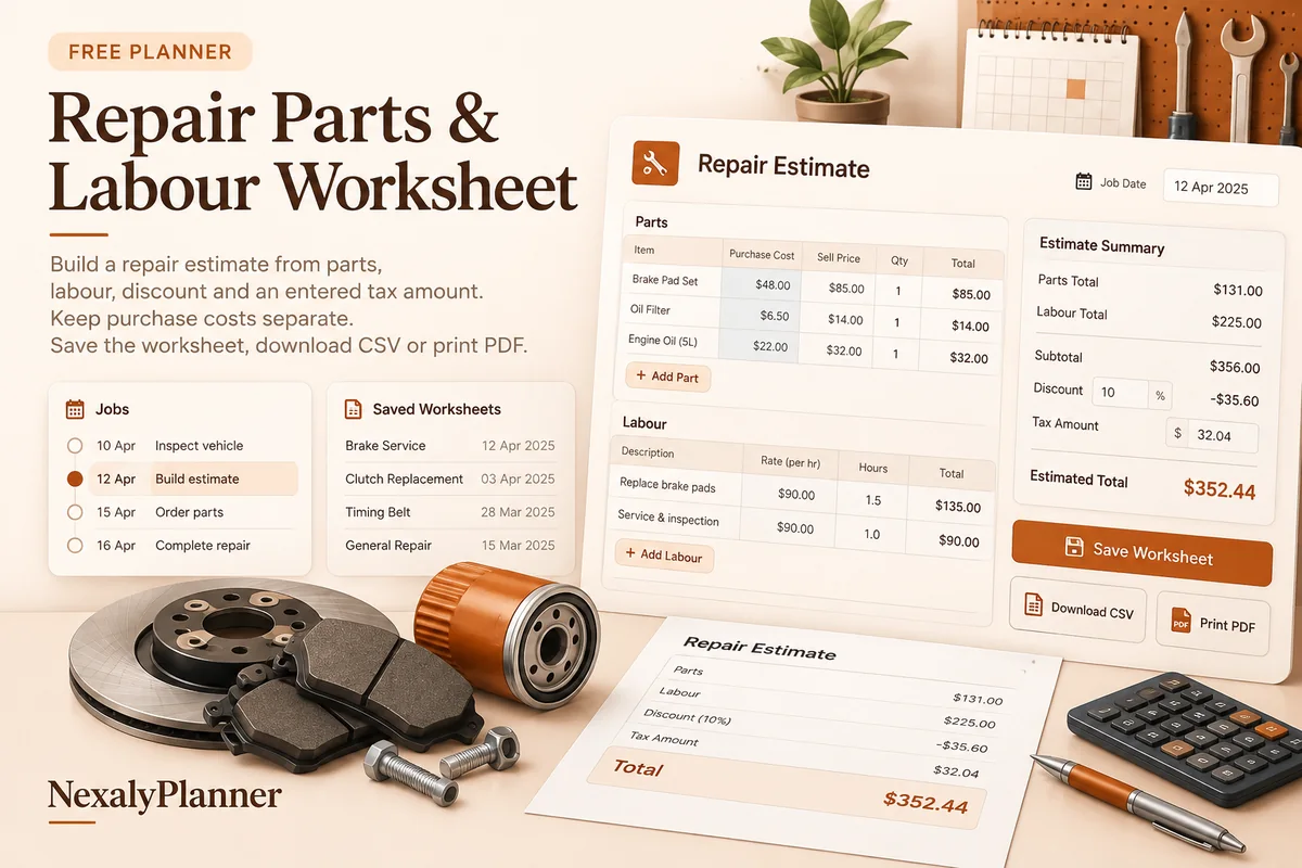 Repair Parts & Labour Worksheet illustrated planning cover