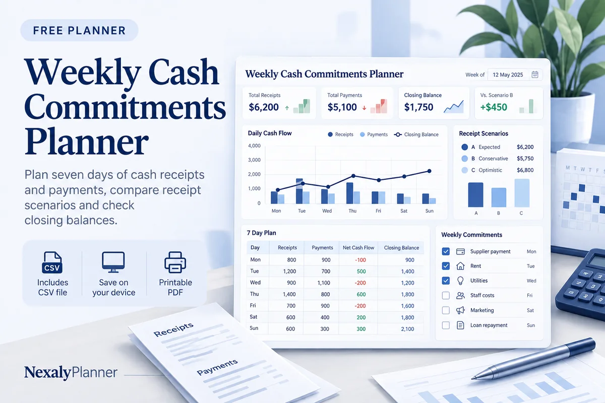 Weekly Cash Commitments Planner illustrated planning cover
