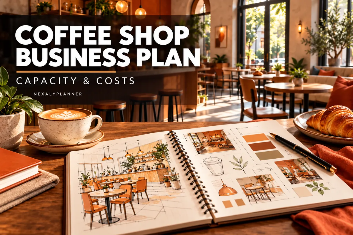Coffee Shop Business Plan: Daily Capacity and Cost Example editorial planning illustration
