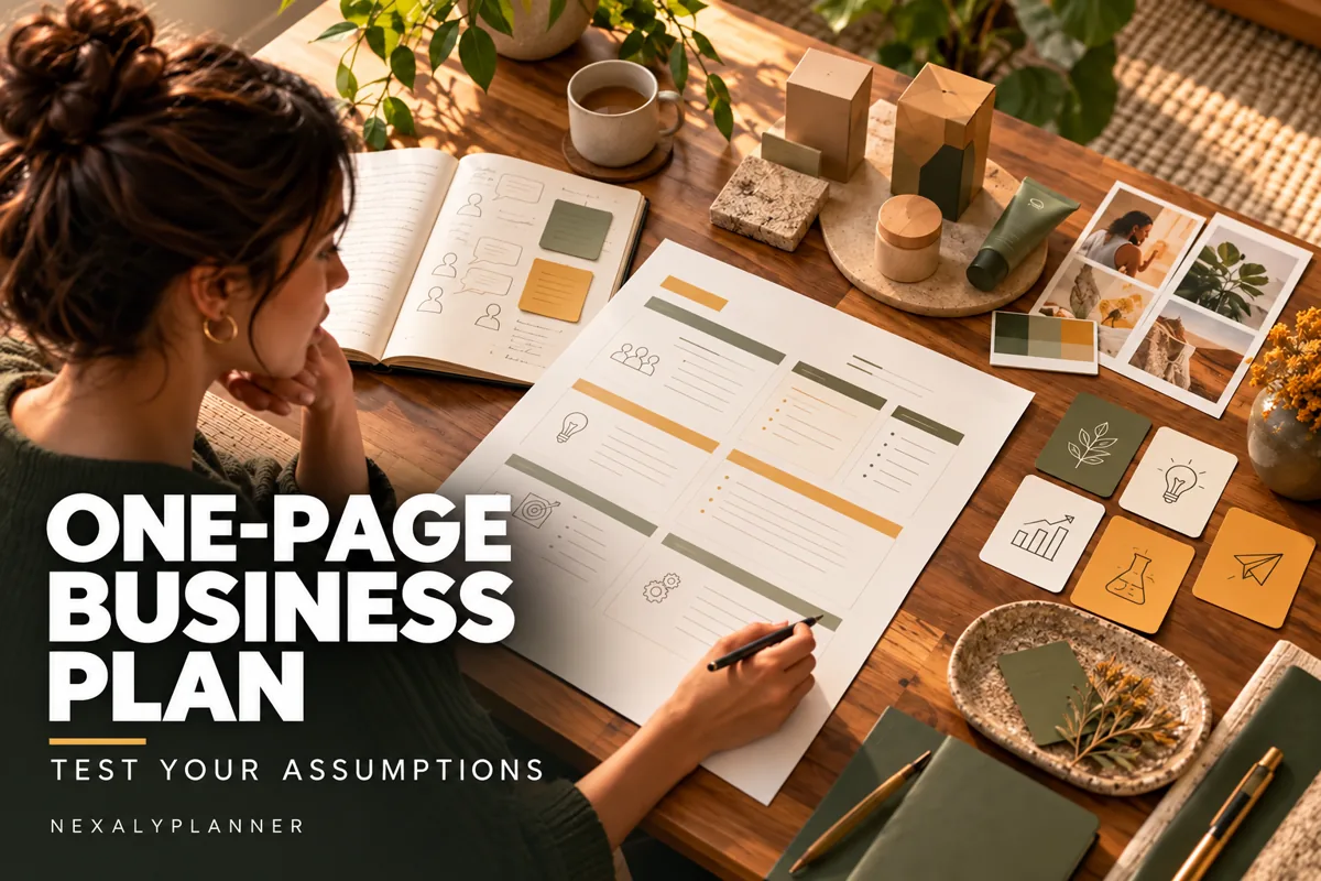One-Page Business Plan Template With an Assumptions Log editorial planning illustration