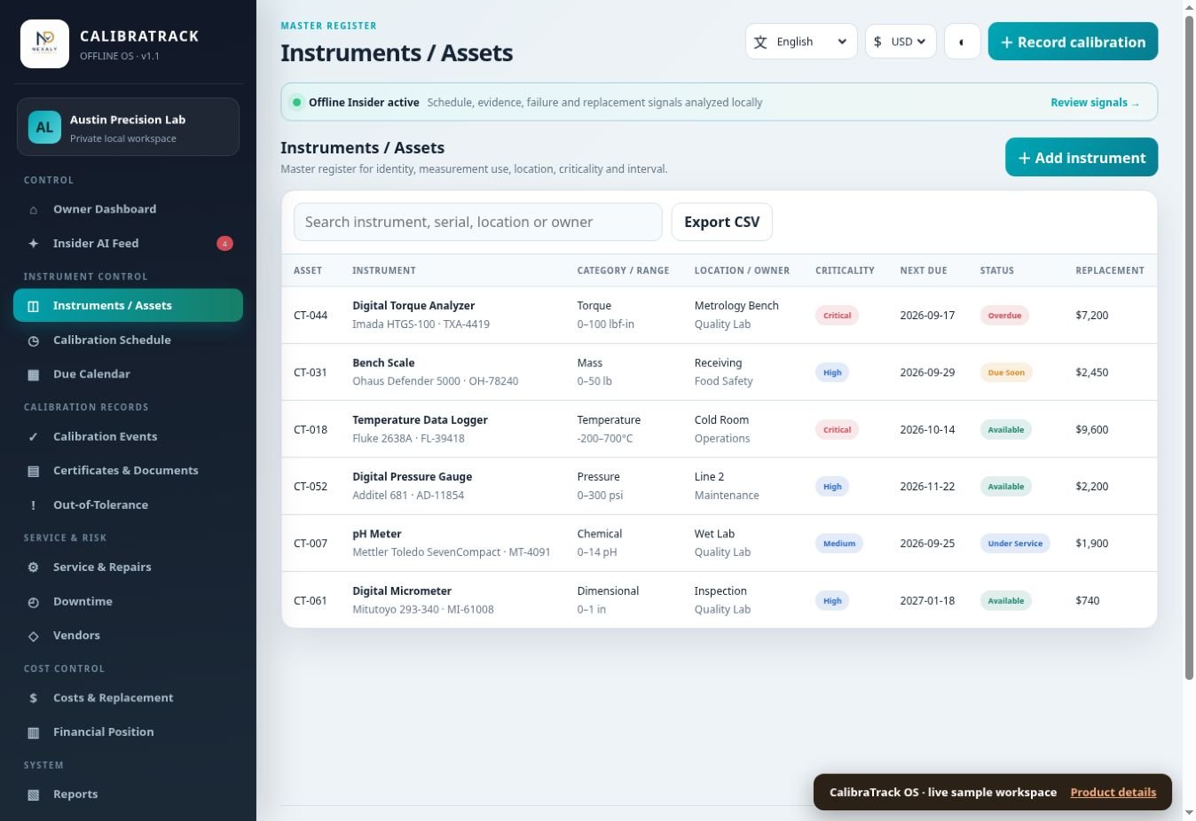 CalibraTrack OS Instruments register with asset and calibration details