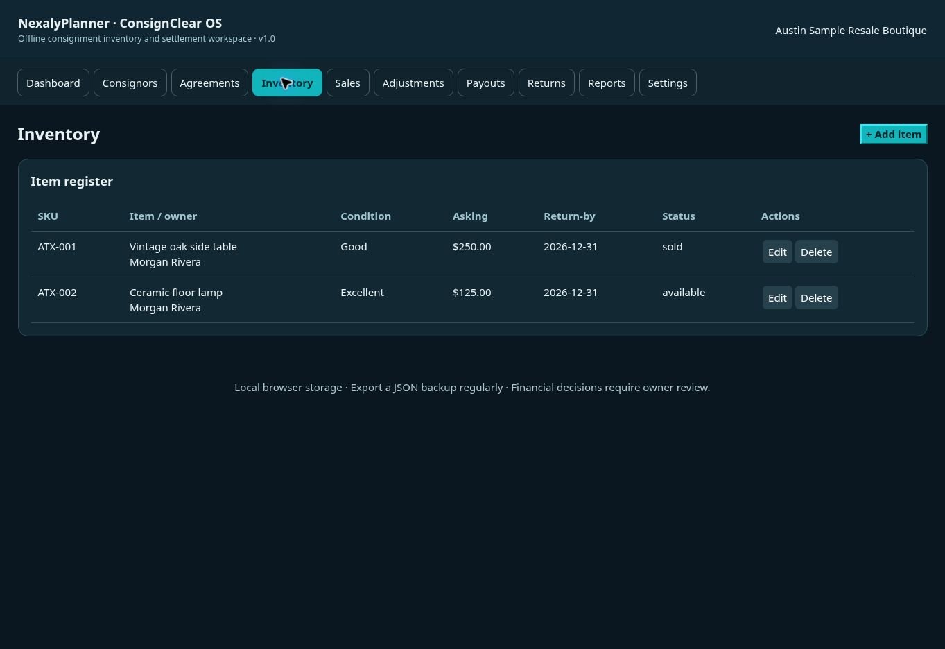 ConsignClear OS Inventory screen with owner, quantity and status columns