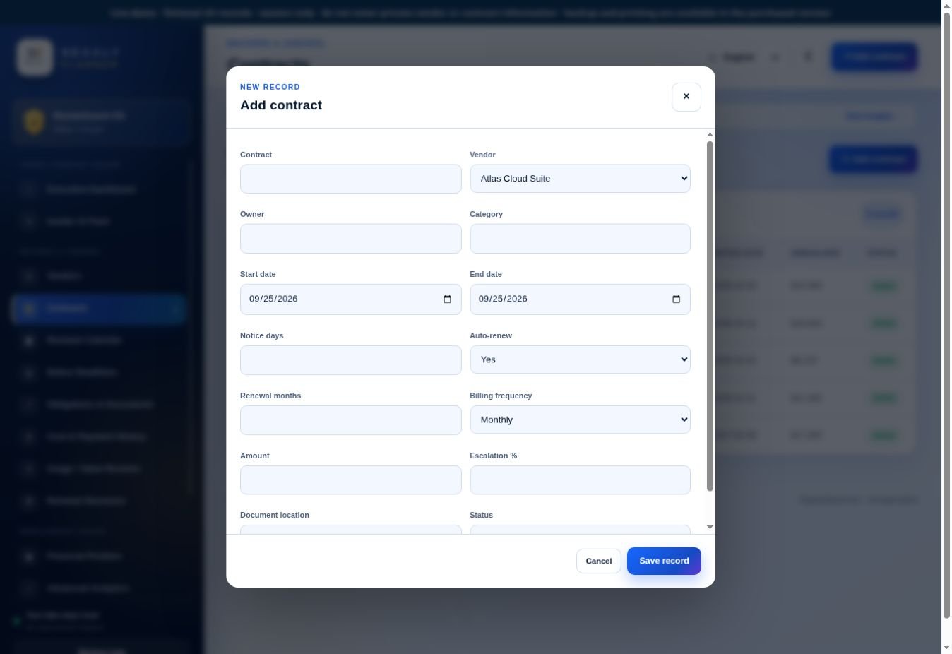 RenewGuard OS Add contract form showing the vendor, terms and renewal record fields