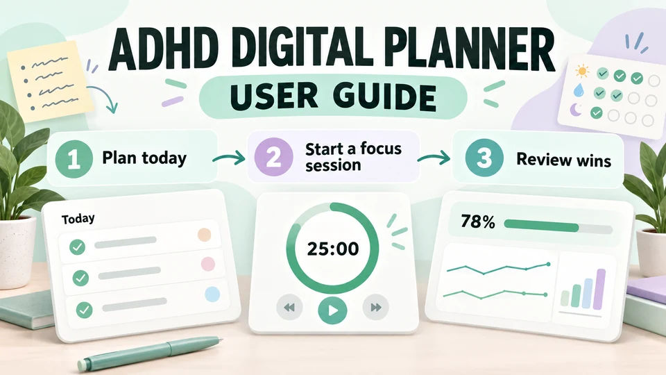 ADHD Digital Planner user guide: plan today, start focus, review wins