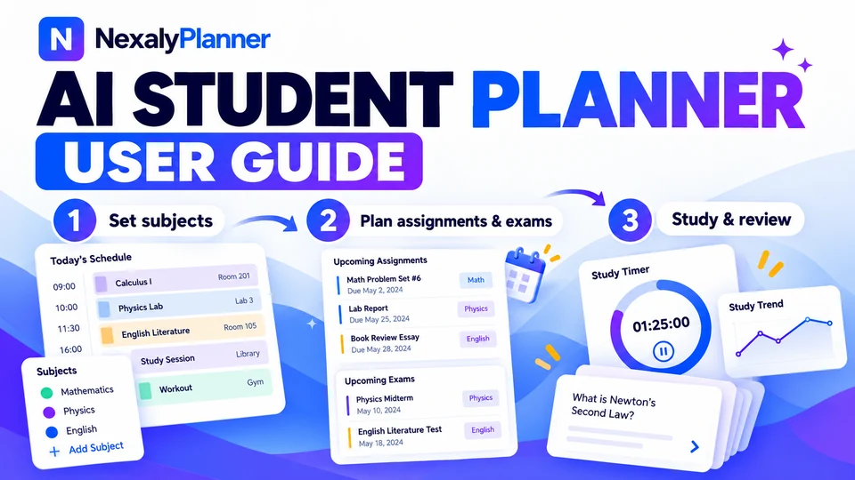 AI Student Planner user guide: set subjects, plan assignments and exams, study and review