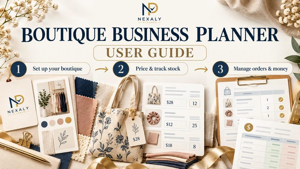 Boutique Business Planner user guide: set up boutique, price and track stock, manage orders and money