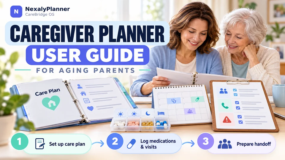 Caregiver Planner for Aging Parents user guide: care plan, medication and visits, caregiver handoff