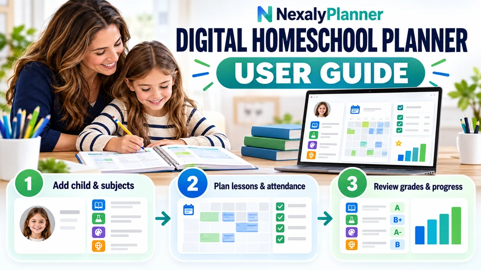 Digital Homeschool Planner user guide: children and subjects, lessons and attendance, grades and progress