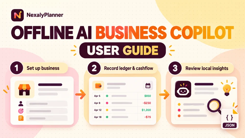 Offline AI Business Copilot user guide: business setup, ledger and cashflow, local insights