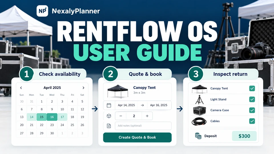 RentFlow OS user guide: check availability, quote and book, inspect return