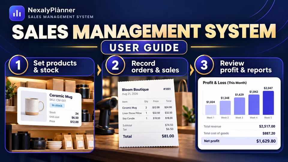 Sales Management System user guide: products and stock, orders and sales, profit reports