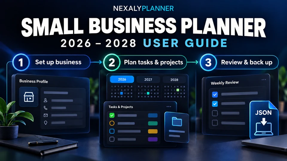 Small Business Planner 2026–2028 user guide: setup, tasks and projects, review and local backup