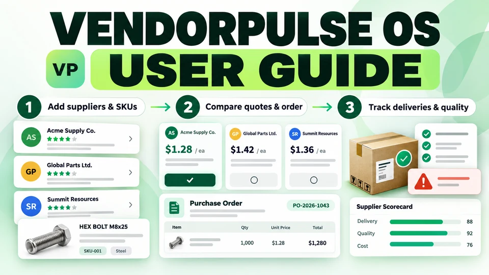 VendorPulse OS user guide: suppliers and SKUs, quotes and orders, delivery and quality