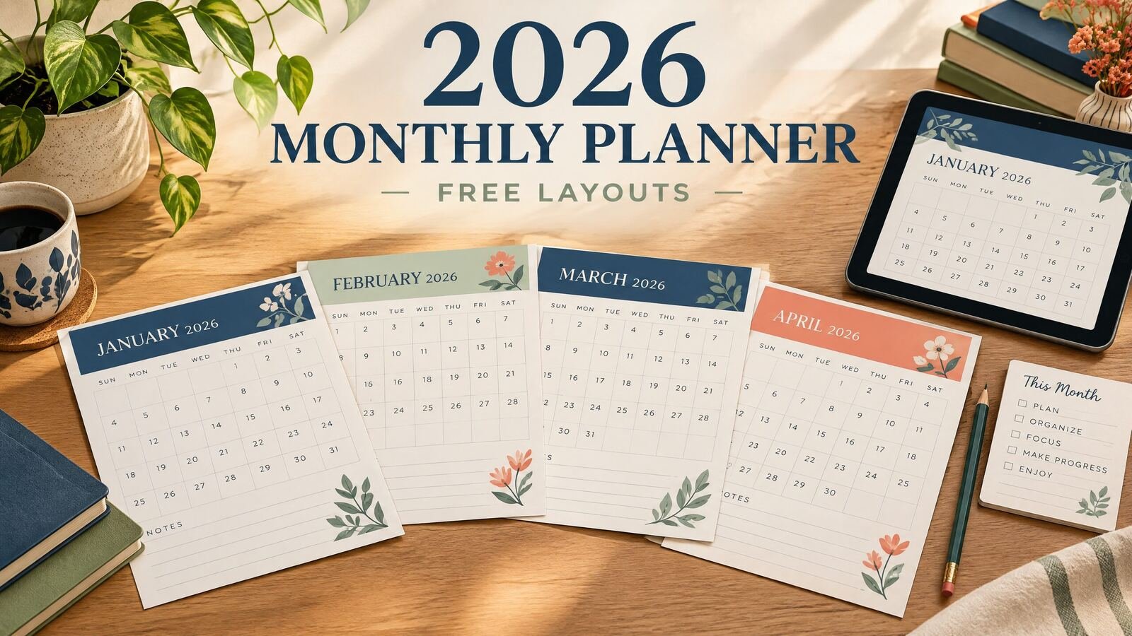 Open 2026 monthly planner showing a dated calendar grid, priorities, deadlines, and notes on a desk