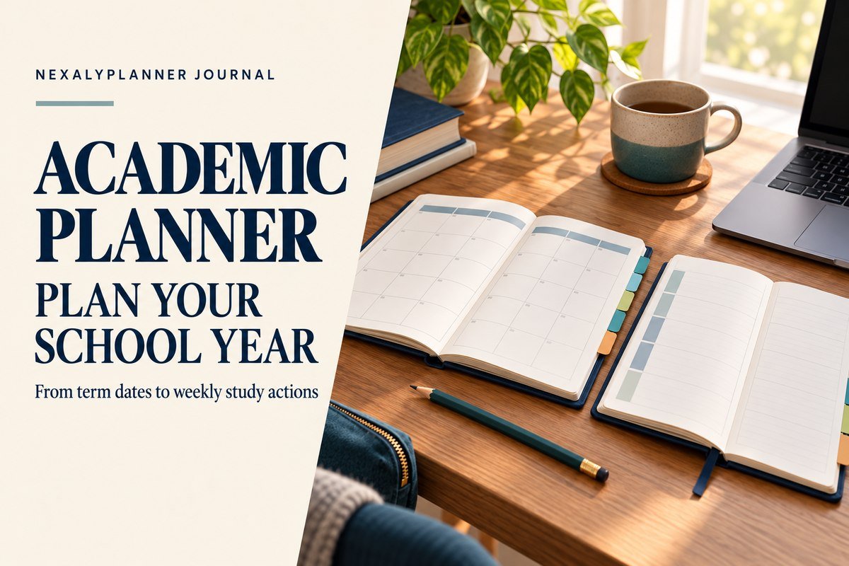 Academic Planner: Plan Your School Year headline beside monthly and weekly planner pages on a desk