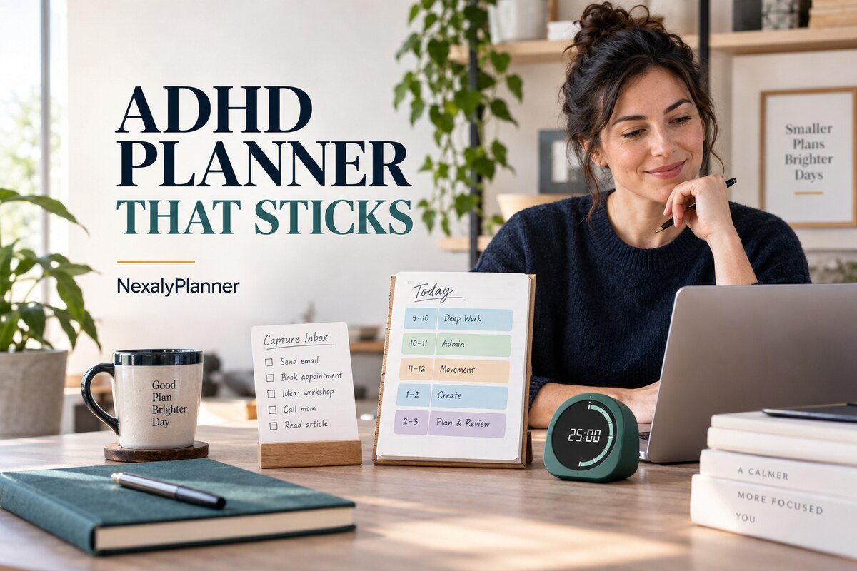 Adult using a short visual daily plan, capture inbox and focus timer under the heading ADHD Planner That Sticks
