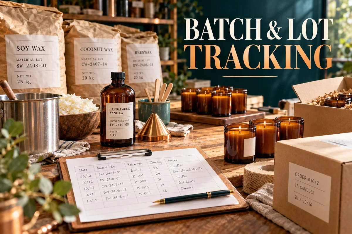 Candle-making workbench with raw materials, batch-tagged jars, a production clipboard and shipping carton.