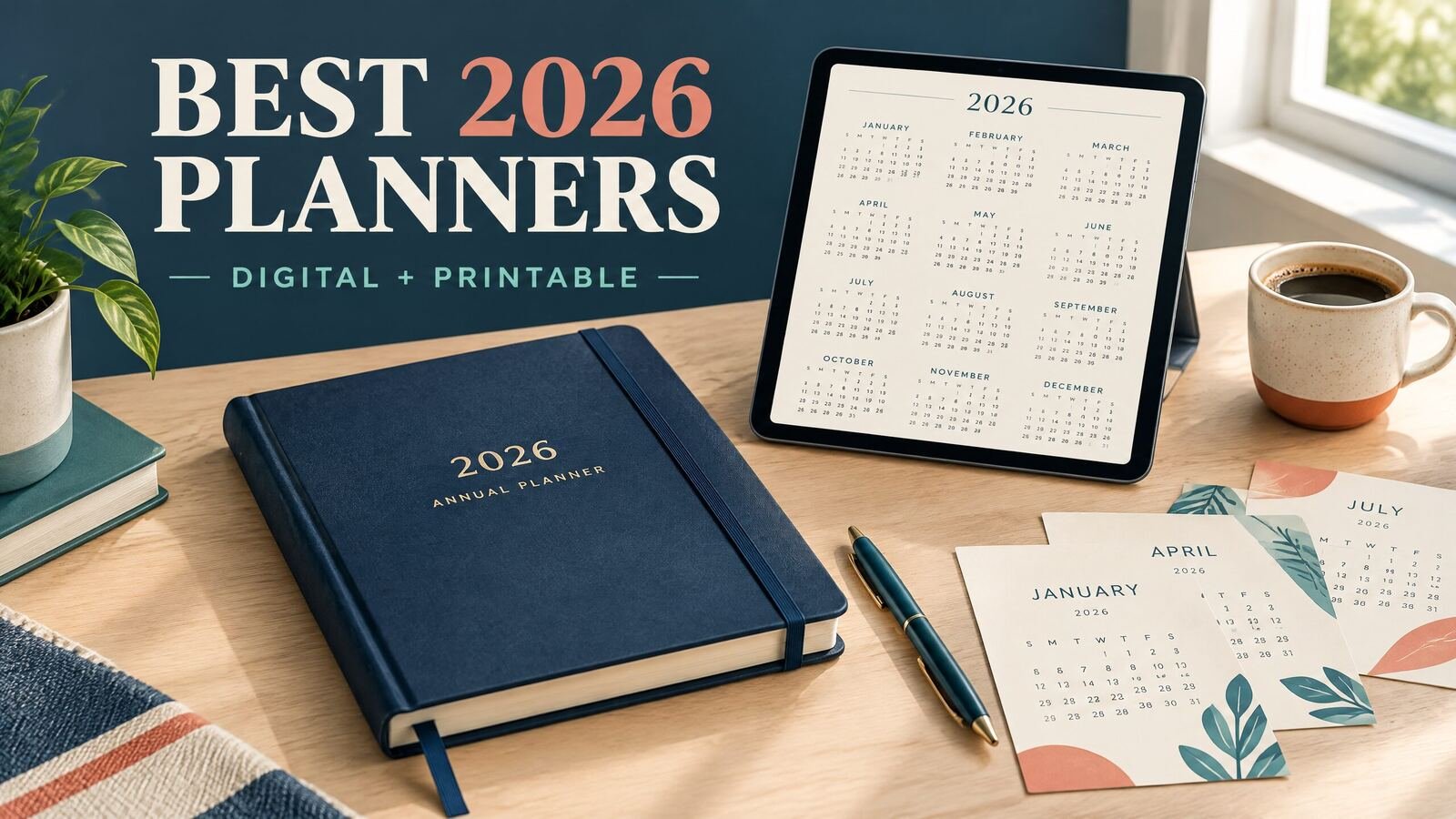 2026 digital and printable planner options arranged on a desk with monthly, weekly, and daily layouts