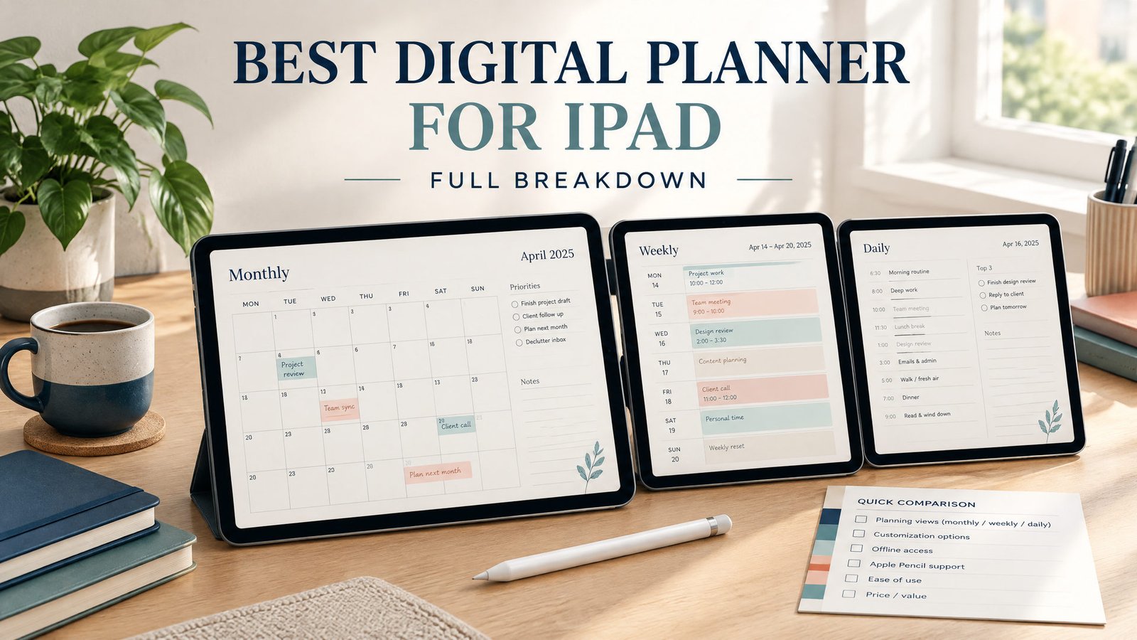 iPad beside an Apple Pencil showing a digital planner with monthly, weekly, and daily layouts