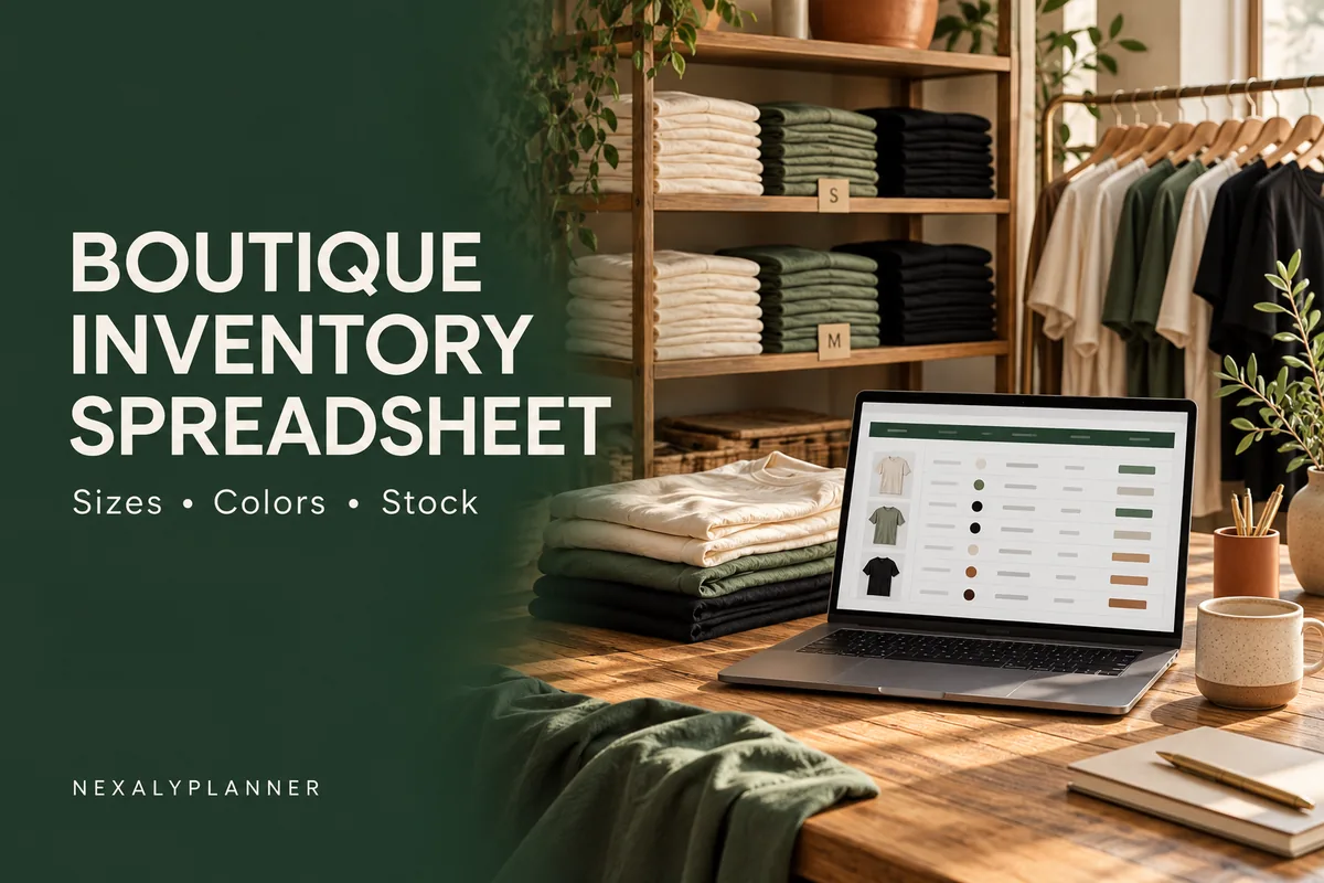 Boutique inventory spreadsheet cover showing size-labeled clothing stock and a laptop