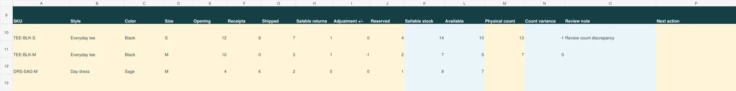 Actual preview of the free boutique inventory workbook