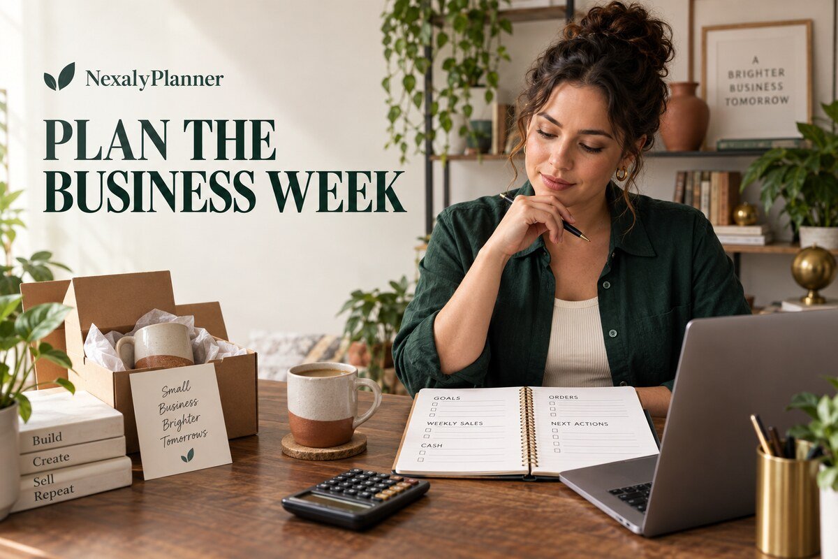 Small-business owner reviewing goals, orders, weekly sales, cash and next actions under the heading Plan the Business Week