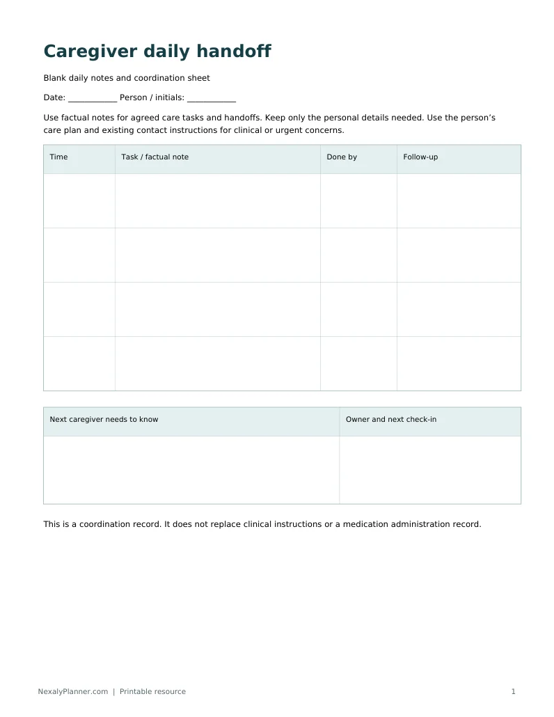 Actual preview of the free printable caregiver daily log and handoff