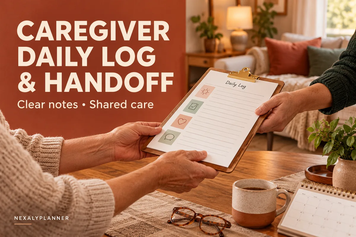 Caregiver daily log and handoff cover showing family members passing daily notes