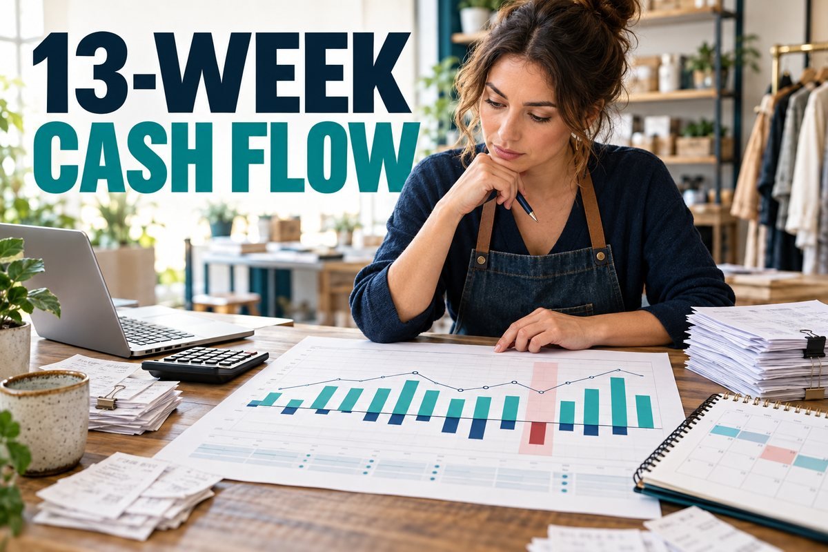 Shop owner reviewing a 13-week cash flow chart and invoices under 13-Week Cash Flow