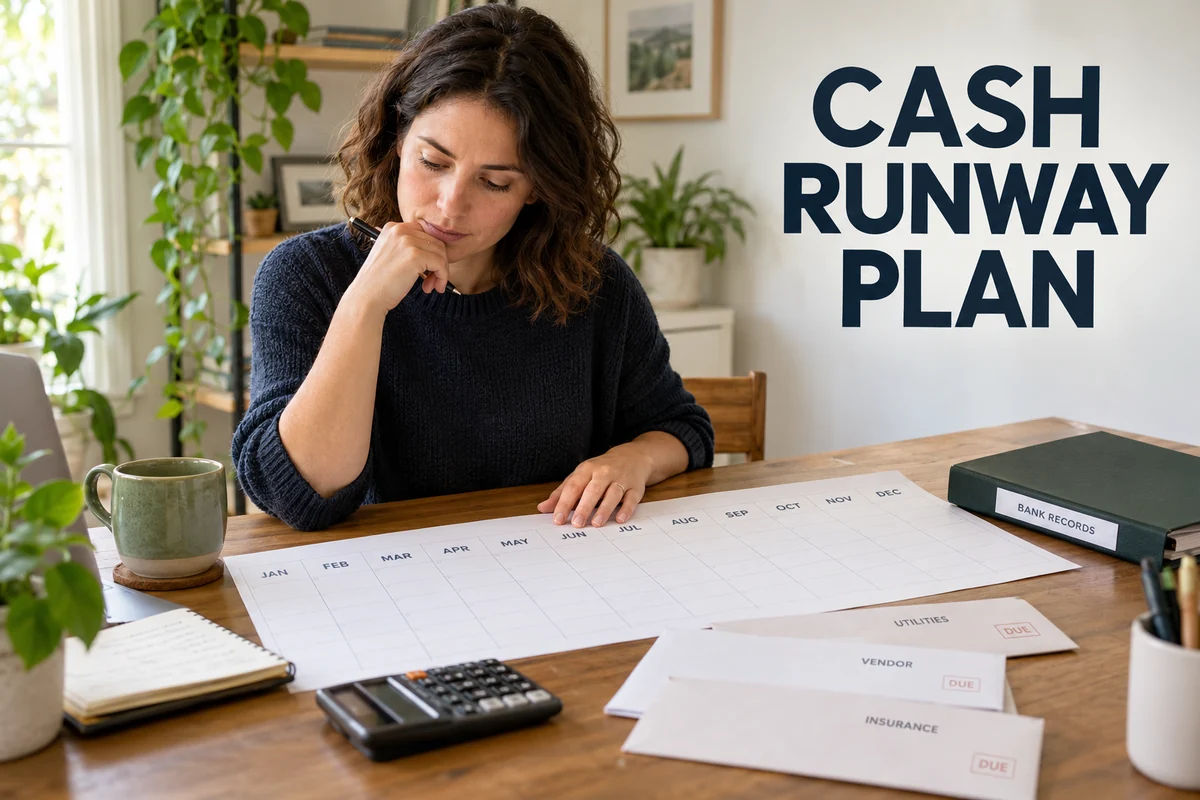 Small-business owner planning monthly bills and cash dates beside a calendar and bank-record folder.