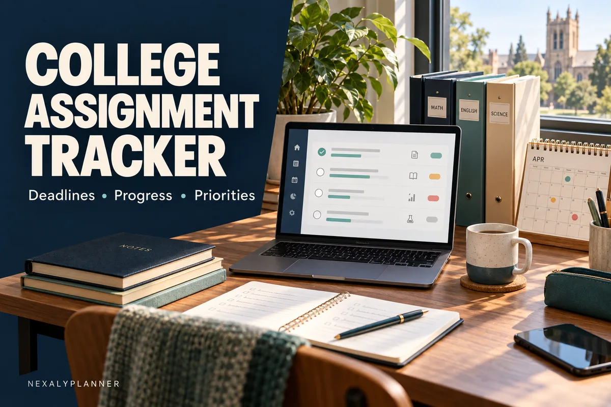 College assignment tracker cover showing a study desk, assignment list and deadline calendar