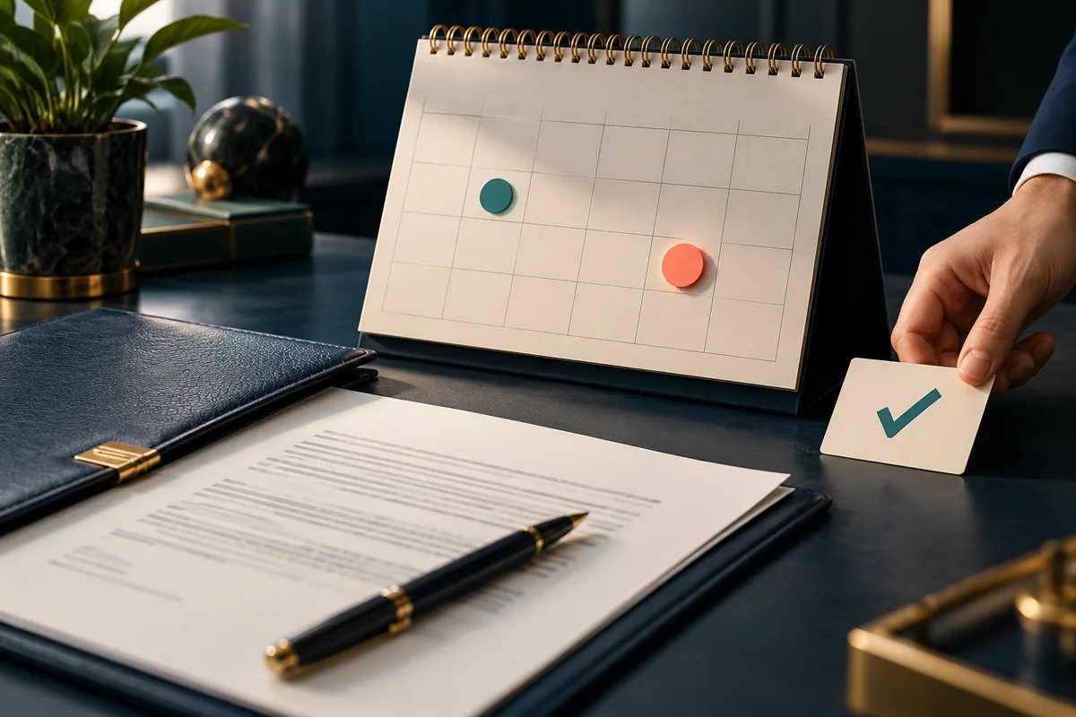 Business owner checking a contract, calendar and renewal decision checklist