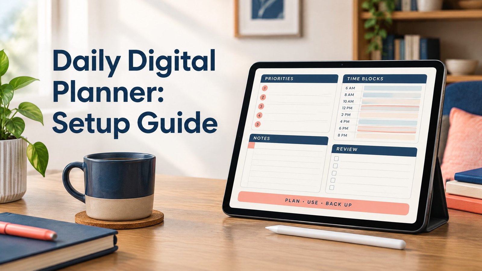 Open daily digital planner showing priorities, time blocks, notes, and a completed day