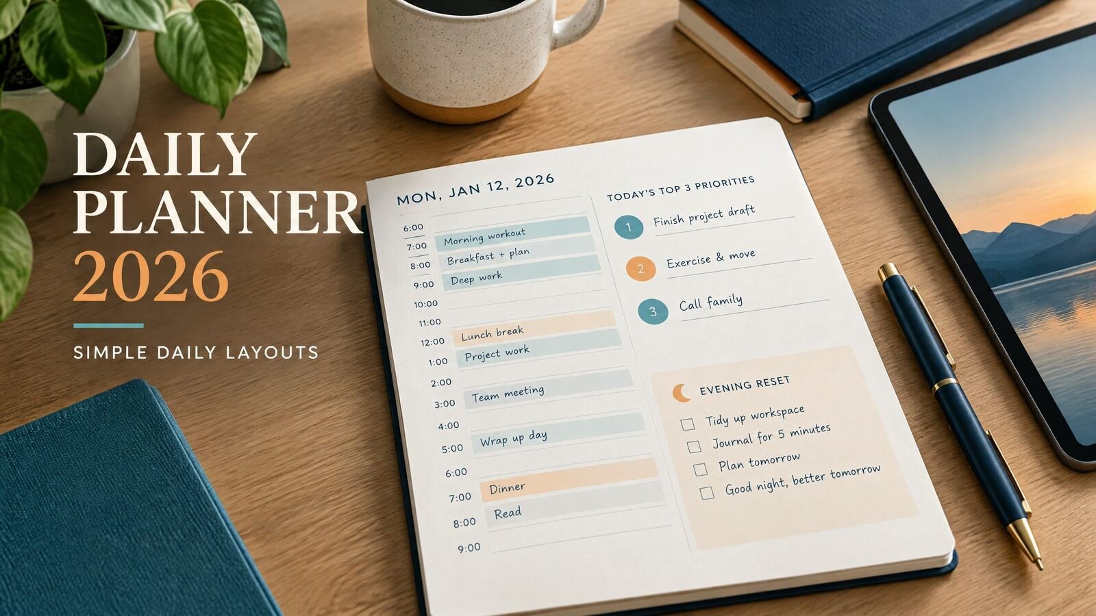 Open 2026 daily planner showing priorities, time blocks, appointments, and notes beside a tablet