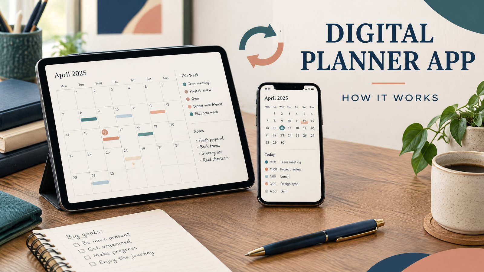iPad showing a weekly digital planner beside a laptop with a typed planning workspace