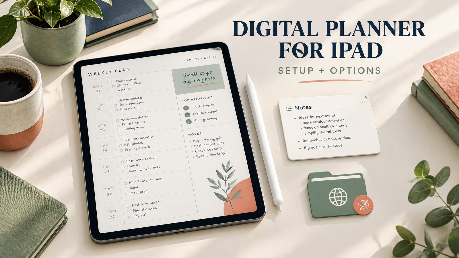 iPad showing a linked digital planner weekly layout beside an Apple Pencil and Files app
